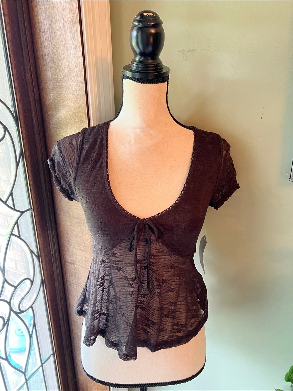 Black Lace Tie-Front Short Sleeve Blouse